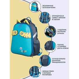 Ранец Комус Класс (№1 School) Котик с рыбкой анатомический серый с двумя отделениями