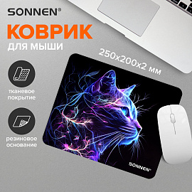 Коврик для мыши SONNEN "NEON CAT" резина + ткань, 250х200х2 мм, 513956