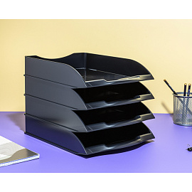 Лоток горизонтальный для бумаг Attache пластиковый черный скругленный 4 отделения (4 штуки в упаковке)