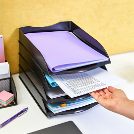 Лоток горизонтальный для бумаг Attache пластиковый черный скругленный 4 отделения (4 штуки в упаковке)