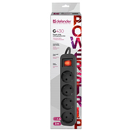 Удлинитель Defender G430, 4 розетки, с заземлением, выключатель, 3м, черный фото Удлинитель Defender G430, 4 розетки, с заземлением, выключатель, 3м, черный