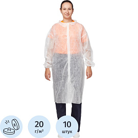 Халат одноразовый Klever на кнопках белый 20 г/кв.м (размер 52-54, XL, 10 штук в упаковке)