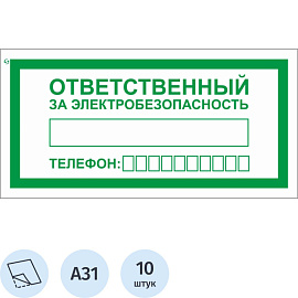 Знак безопасности Ответственный за электробезопасность A31 100x200 мм 10 штук в упаковке