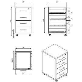 Тумба подкатная Imago с замком (орех, 412x450x702 мм, 4 ящика)