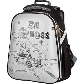 Ранец Комус Класс (№1 School) Динозавр Boss анатомический серый светоотражающая ткань с двумя отделениями