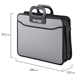 Папка-портфель пластиковая BRAUBERG ПРЕМЬЕР А4 (390х315х120 мм), 3 отделения, фактура "бисер", серая, 223083