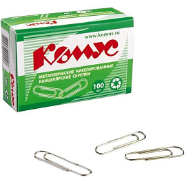 Скрепки канцелярские 28 мм Комус металлические никелированные (100 штук в упаковке)