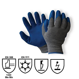 Перчатки рабочие утеплённые от порезов и проколов Ампаро София Фрост трикотажные с латексным покрытием серые/синие (10 класс вязки, размер 11, XXL)