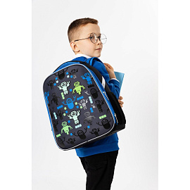 Ранец Комус Класс (№1 School) Basic Robot Паттерн анатомический черный фигурные резиновые нашивки с двумя отделениями