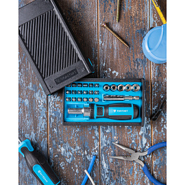 Отвёртка реверсивная TOPFORT с набором бит и торцевыми головками (25 предметов, 569225)