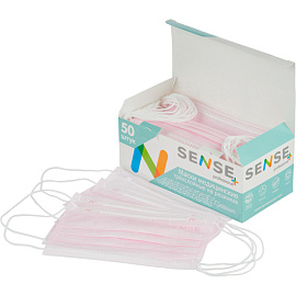 Маска медицинская одноразовая Sense трехслойная розовая (50 штук в упаковке)