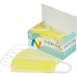 Маска медицинская одноразовая Sense трехслойная желтая (50 штук в упаковке)