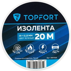 Изолента TOPFORT ПВХ 19 мм x 20 м зелёная (1687221)