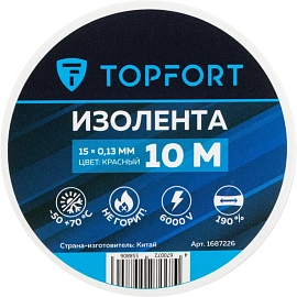 Изолента TOPFORT ПВХ 15 мм x 10 м красная (1687226)