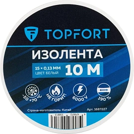 Изолента TOPFORT ПВХ 15 мм x 10 м белая (1687227)
