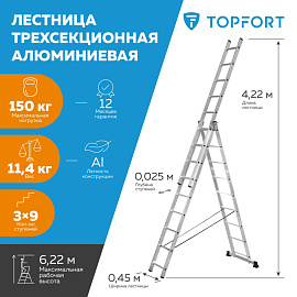 Лестница универсальная TOPFORT алюминиевая трехсекционная 3x9 ступеней