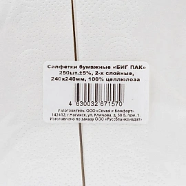 Салфетки бумажные 2-слойные 24х24 см белые (250 листов в пачке)