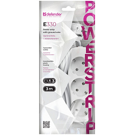 Удлинитель Defender E330, 3 розетки, с заземлением, 3м, белый фото Удлинитель Defender E330, 3 розетки, с заземлением, 3м, белый
