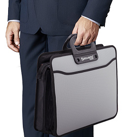 Папка-портфель пластиковая BRAUBERG ПРЕМЬЕР А4 (390х315х120 мм), 3 отделения, фактура "бисер", серая, 223083