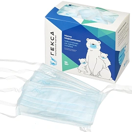 Маска медицинская одноразовая Гекса трехслойная голубая на завязках (50 штук в упаковке)
