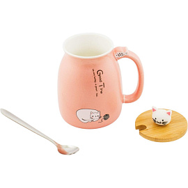 Кружка с крышкой и ложкой Эврика Котик с клубком 400 мл
