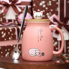 Кружка с крышкой и ложкой Эврика Котик с клубком 400 мл