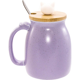 Кружка с крышкой и ложкой Эврика Котик с клубком 400 мл (фиолетовая)