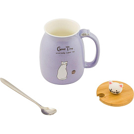 Кружка с крышкой и ложкой Эврика Котик с клубком 400 мл (фиолетовая)