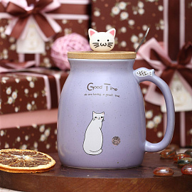 Кружка с крышкой и ложкой Эврика Котик с клубком 400 мл (фиолетовая)