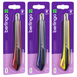 Нож канцелярский 9мм Berlingo "Razzor 300", auto-lock, металл. направл., мягкие вставки, ассорти, европодвес