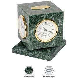 Куб вращающийся Delucci с часами, термометром, гигрометром, зеленый мрамор фото Куб вращающийся Delucci с часами, термометром, гигрометром, зеленый мрамор