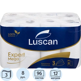 Полотенца бумажные Luscan Expert Mega 3-слойные белые 8 рулонов по 12 метров