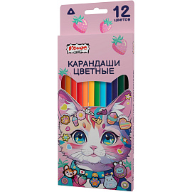 Карандаши цветные Комус Класс Kitty stickers 12 карандашей 12 цветов трёхгранные