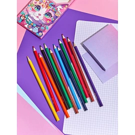 Карандаши цветные Комус Класс Kitty stickers 12 карандашей 12 цветов трёхгранные