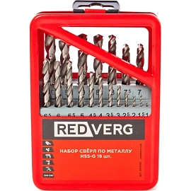 Набор свёрл спиральных по металлу Redverg 1-10 мм HSS-G с хвостовиком цилиндрическим 19 штук (501042)
