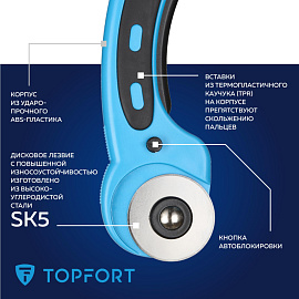 Нож раскройный TOPFORT 45 мм с механической рукояткой (корпус ABS+TPR, 1960448)