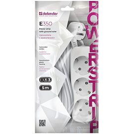 Удлинитель Defender E350, 3 розетки, с заземлением, 5м, белый фото Удлинитель Defender E350, 3 розетки, с заземлением, 5м, белый