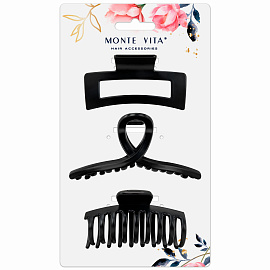 Крабы для волос НАБОР 3 шт., 8,5 см / 8,5 см / 11 см, soft-touch, чёрный, MONTE VITA (МОНТЕ ВИТА), 457032