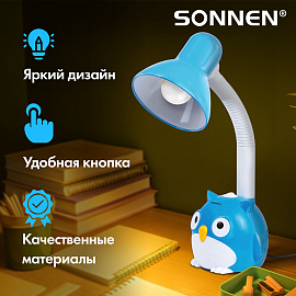 Настольная лампа / светильник SONNEN OU-603, на подставке, цоколь Е27, "Сова", синий, 236674