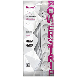 Удлинитель Defender E530, 5 розеток, с заземлением, 3м, белый фото Удлинитель Defender E530, 5 розеток, с заземлением, 3м, белый