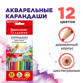 Карандаши цветные акварельные BRAUBERG "АКАДЕМИЯ", 12 цветов, шестигранные, грифель 3 мм, натуральное дерево, 181398