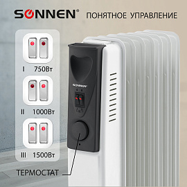 Обогреватель масляный SONNEN DFS-07, 1500 Вт, 7 секций, белый, 453498