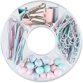 Набор канцелярский Meshu Dew 4 отделения (зажимы для бумаг 19 мм, скрепки канцелярские 28 мм, скрепки канцелярские 50 мм, силовые кнопки)