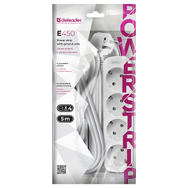 Удлинитель Defender E450, 4 розетки, с заземлением, 5м, белый фото Удлинитель Defender E450, 4 розетки, с заземлением, 5м, белый
