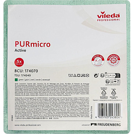 Салфетки хозяйственные Vileda Professional ПУРмикро Актив микрофибра 38x35 см 260 г/кв.м зеленые (5 штук в упаковке)