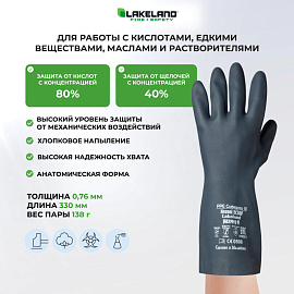 Перчатки КЩС неопреновые Lakeland Neosol EC30F с хлопковым напылением черные (размер 10, ХL)