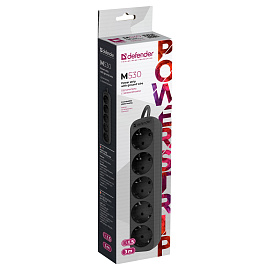 Удлинитель Defender M530, 5 розеток, с заземлением, 3м, черный фото Удлинитель Defender M530, 5 розеток, с заземлением, 3м, черный