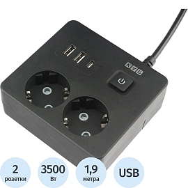 Удлинитель Power Cube 2 розетки USB 1,9 м с заземлением и выключателем (PC-1B-2M)