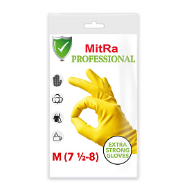 Перчатки многоразовые КЩС латексные MitRa Professional с хлопковым напылением жёлтые размер 8 (М)