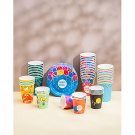 Тарелка одноразовая бумажная Комус Happy People Эконом 180 мм разноцветная 50 штук в упаковке